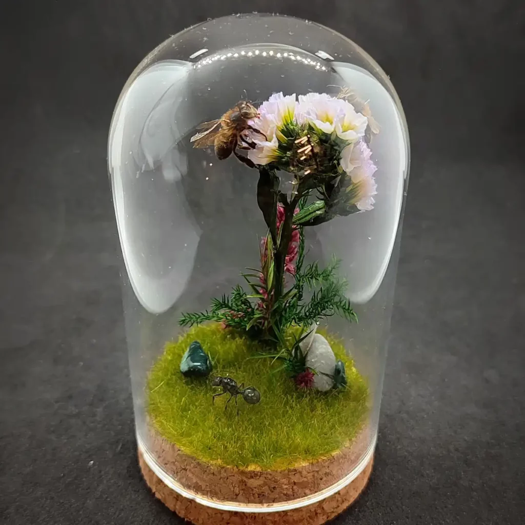 Cloche entomologique avec diorama montrant une gyne de fourmis Messor barbarus et des abeilles Apis mellifera, décoré de fleurs, de végétaux et de pierres d'agate indienne.