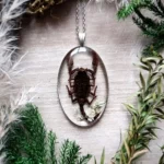 Collier en entomologie avec pendentif en résine époxy contenant un scorpion.