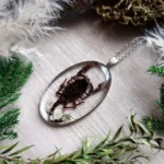 Collier en entomologie avec pendentif en résine époxy contenant un scorpion.